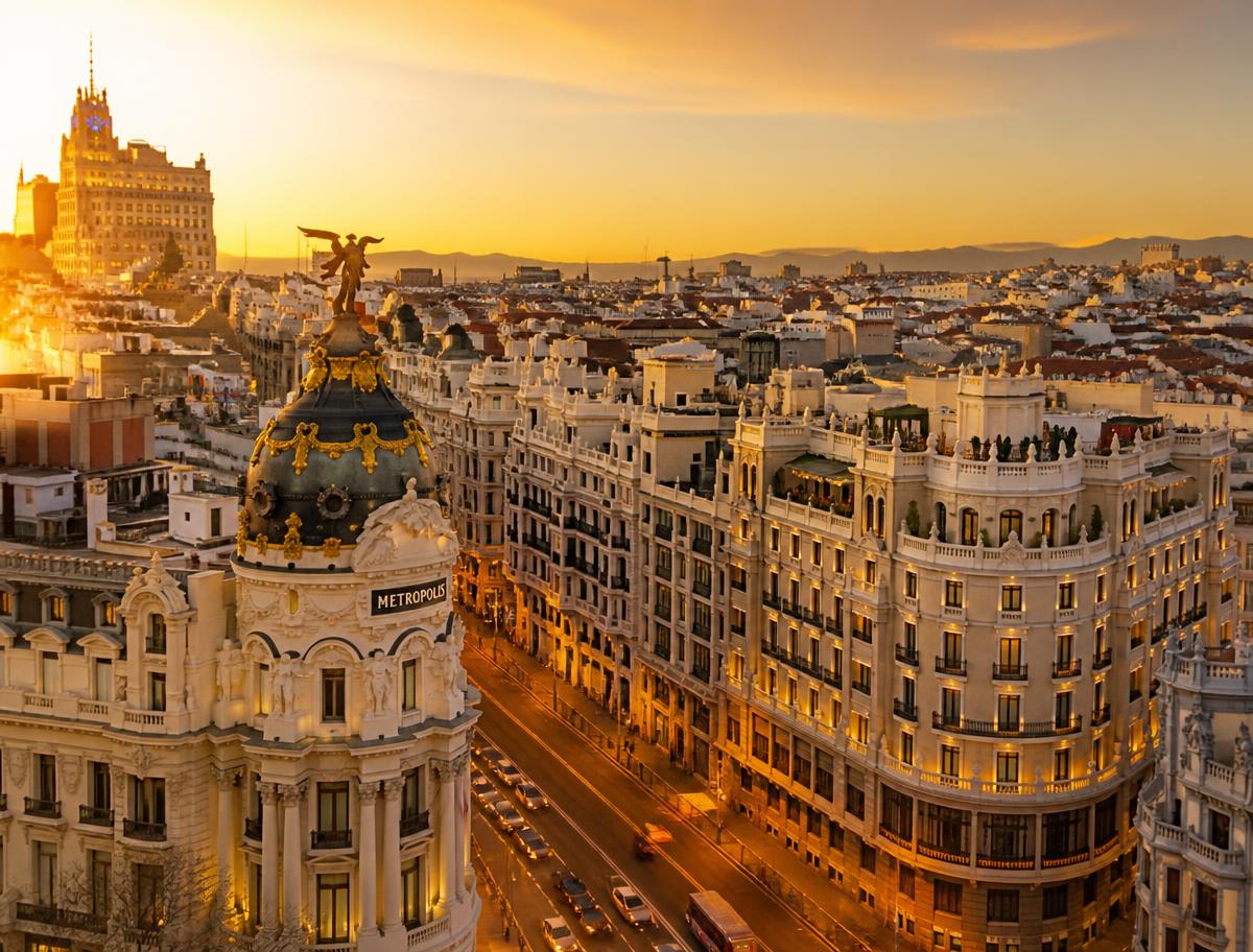Vista de la Gran Vía de Madrid al atardecer