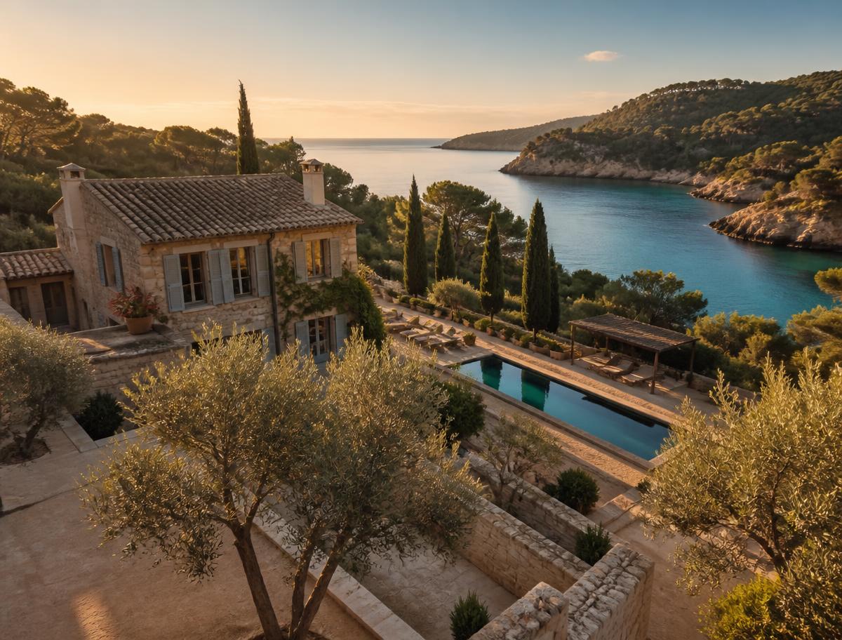 Finca de lujo en Mallorca con olivos y cala turquesa