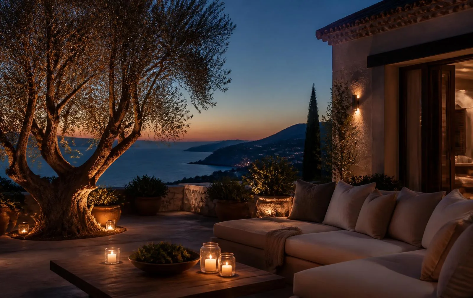 Terrace of a Mediterranean villa at sunset, a private and serene atmosphere