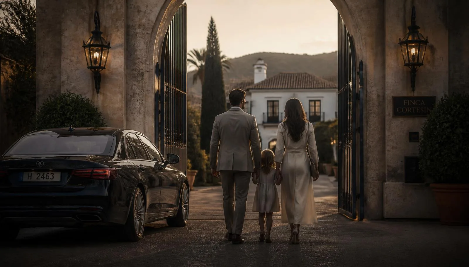 Family arriving at their new home in Spain at sunset