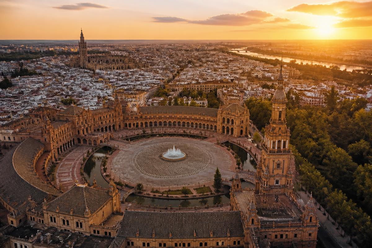 Vista aérea de una ciudad histórica española al atardecer