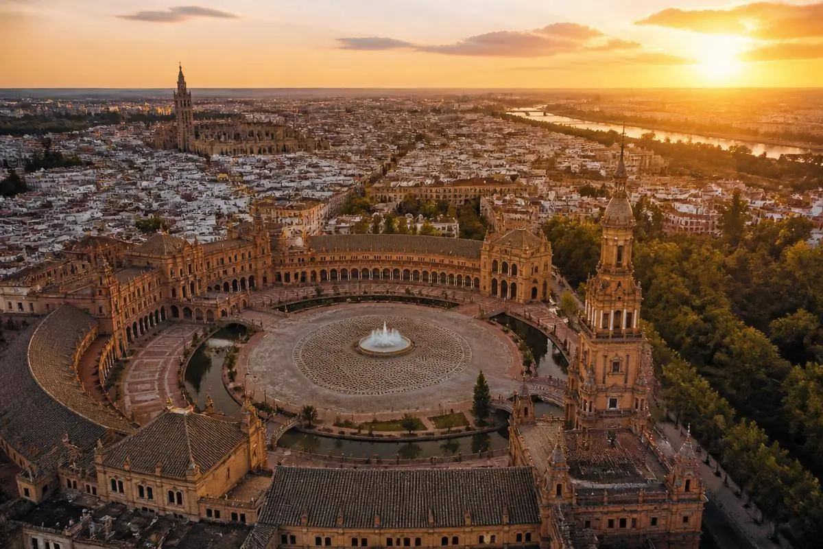 Vista aérea de uma cidade histórica espanhola ao entardecer